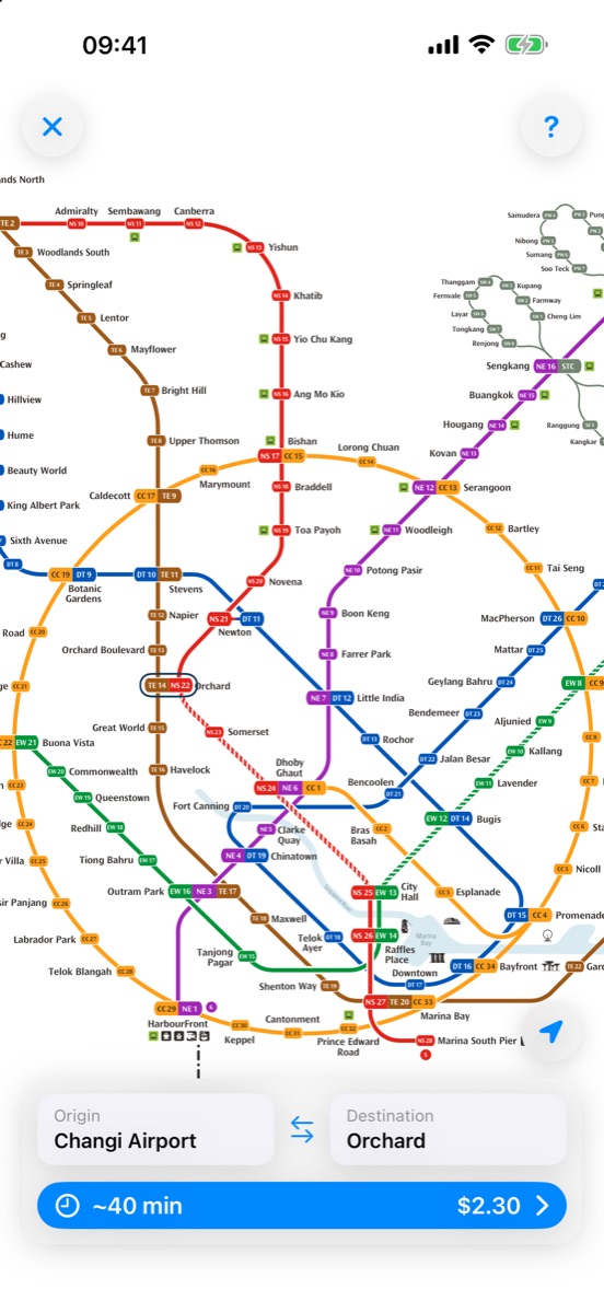 SinMRT showing a route from Changi Airport to Orchard: about 40 minutes, $2.30